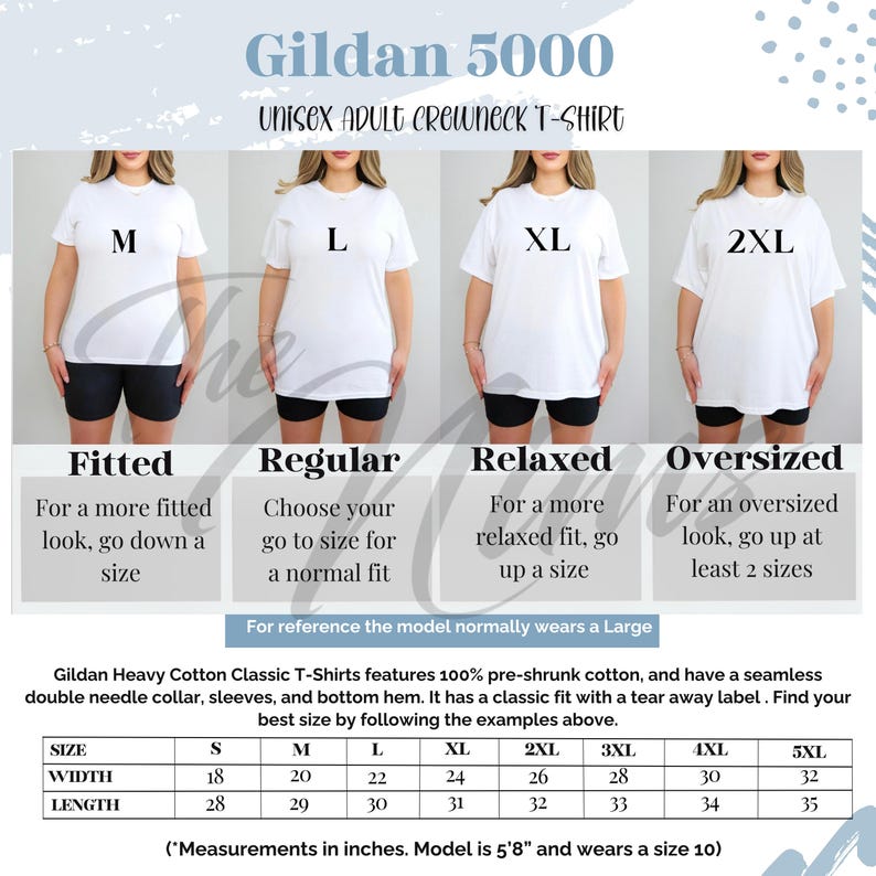 K&ouml;nnte beinhalten: Wei&szlig;e Gildan 5000 Unisex-T-Shirts mit Rundhalsausschnitt in den Gr&ouml;&szlig;en M, L, XL und 2XL werden an Models gezeigt. Das Bild enth&auml;lt eine Gr&ouml;&szlig;entabelle mit Ma&szlig;en in Zoll f&uuml;r die Gr&ouml;&szlig;en S bis 5XL. Die Shirts bestehen aus vorgeschrumpfter Baumwolle.