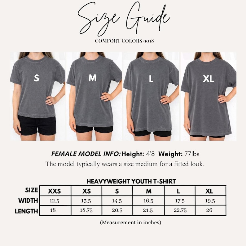 May include: A size guide for Comfort Colors 9018 heavyweight youth t-shirts. The image displays four charcoal grey t-shirts labeled S, M, L, and XL, alongside a table listing widths and lengths in inches for sizes XXS through XL, plus model info.