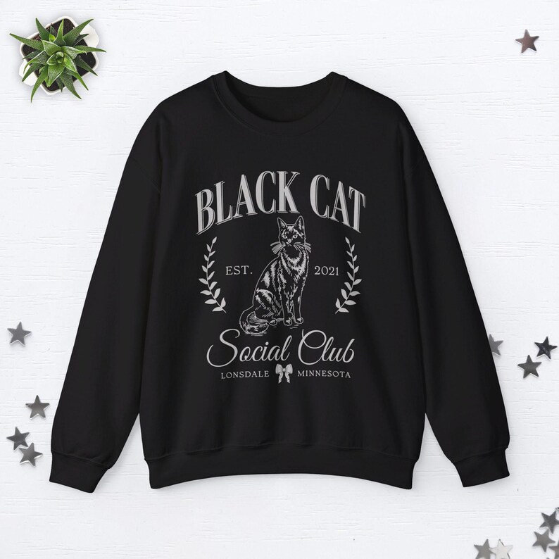 Custom Black Cat Sweatshirt Black Cat Sweater Old Money Aesthetic Clothes Social Club Sweatshirt Halloween Black Cat Gifts Cat Lover Gifts Black