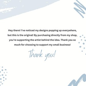 K&ouml;nnte beinhalten: Wei&szlig;er Hintergrund mit hellblauen abstrakten Designelementen. Der Text lautet: &bdquo;Hallo! Ich habe bemerkt, dass meine Designs &uuml;berall auftauchen, aber das ist das Original! Vielen Dank, dass Sie sich entschieden haben, mein kleines Unternehmen zu unterst&uuml;tzen! Danke!"