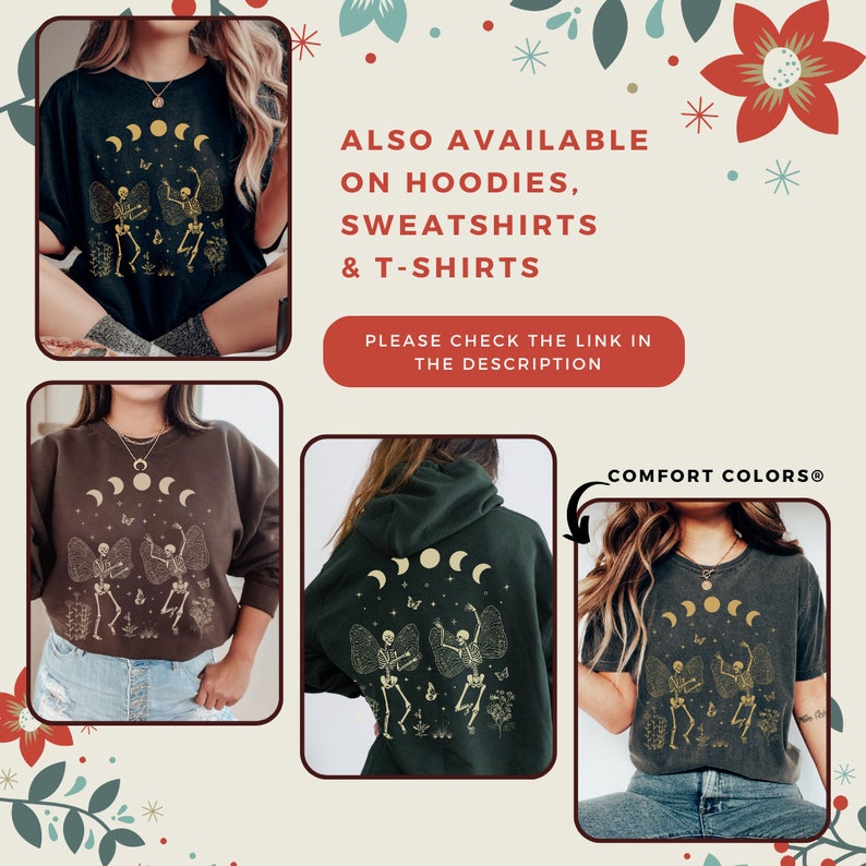 May include: Three different styles of shirts featuring a graphic of two skeletons dancing with wings and a crescent moon design. The text "COMFORT COLORS&reg;" is visible in the bottom right corner of the image. The text "ALSO AVAILABLE ON HOODIES, SWEATSHIRTS & T-SHIRTS" is visible in the top right corner of the image. The text "PLEASE CHECK THE LINK IN THE DESCRIPTION" is visible in the bottom right corner of the image.