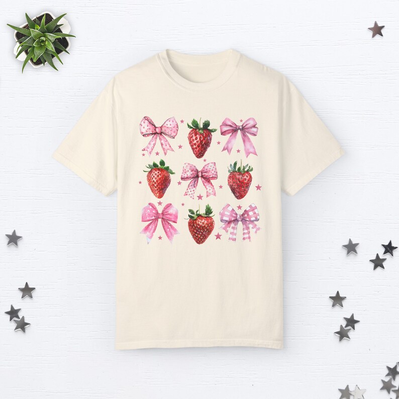 Coquette Strawberry Shirt Coquette Clothes Preppy Stuff Coquette Clothing Coquette Shirt Cottage Core Clothes Pink Bow Shirt Ribbon Shirt Ivory