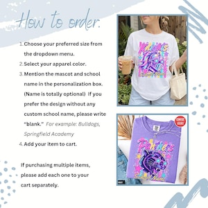 May include: A white t-shirt featuring a graphic of a knight helmet with star-shaped glasses and the text Knights School Name, and a purple t-shirt with a panther graphic wearing star-shaped glasses and the text Panthers School Name.