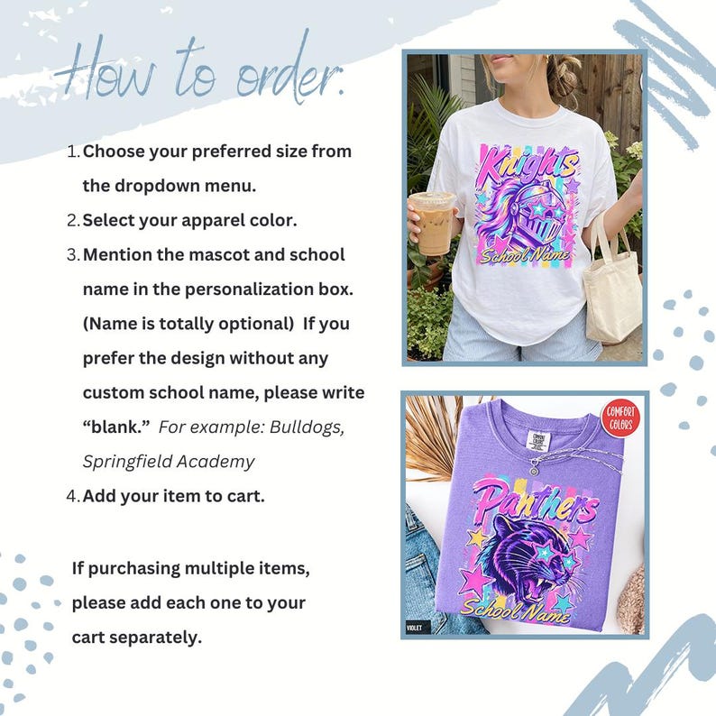 May include: A white t-shirt featuring a graphic of a knight helmet with star-shaped glasses and the text Knights School Name, and a purple t-shirt with a panther graphic wearing star-shaped glasses and the text Panthers School Name.