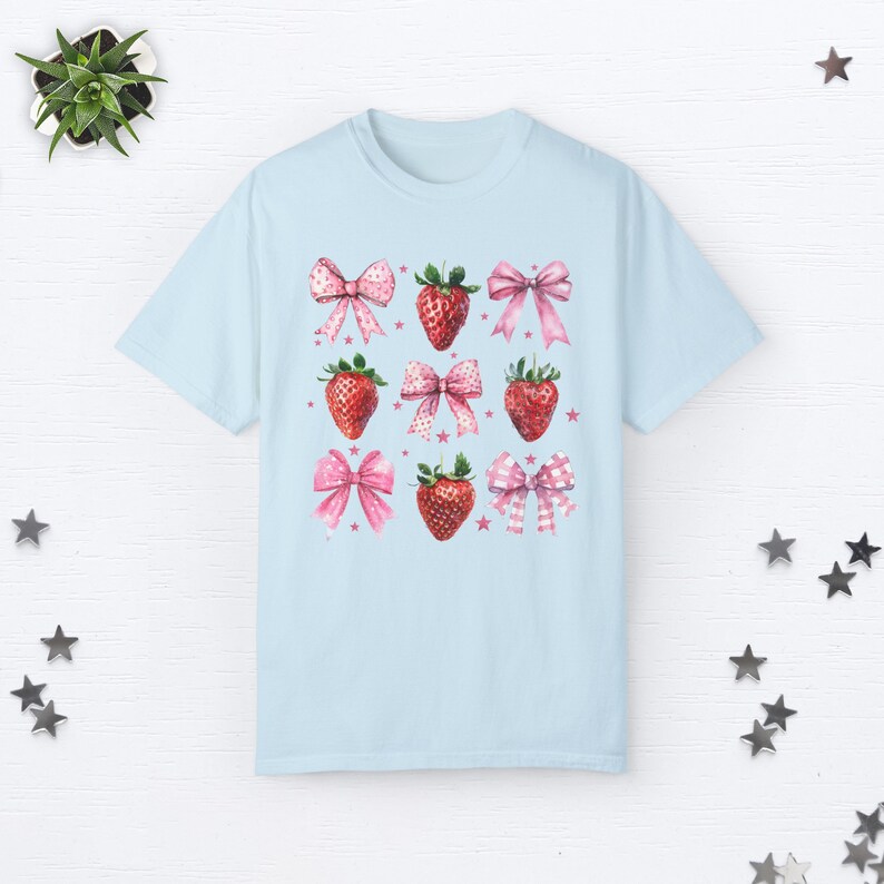 Coquette Strawberry Shirt Coquette Clothes Preppy Stuff Coquette Clothing Coquette Shirt Cottage Core Clothes Pink Bow Shirt Ribbon Shirt Chambray