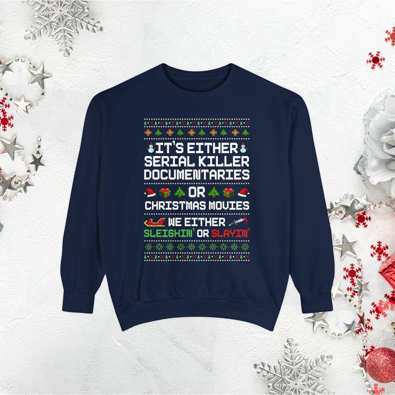 Pull de Noël moche drôle pour femmes, sweat-shirt de Noël grande taille, sweat-shirt de film de Noël, cadeaux de Noël en vrac, col ras du cou de Noël preppy True Navy