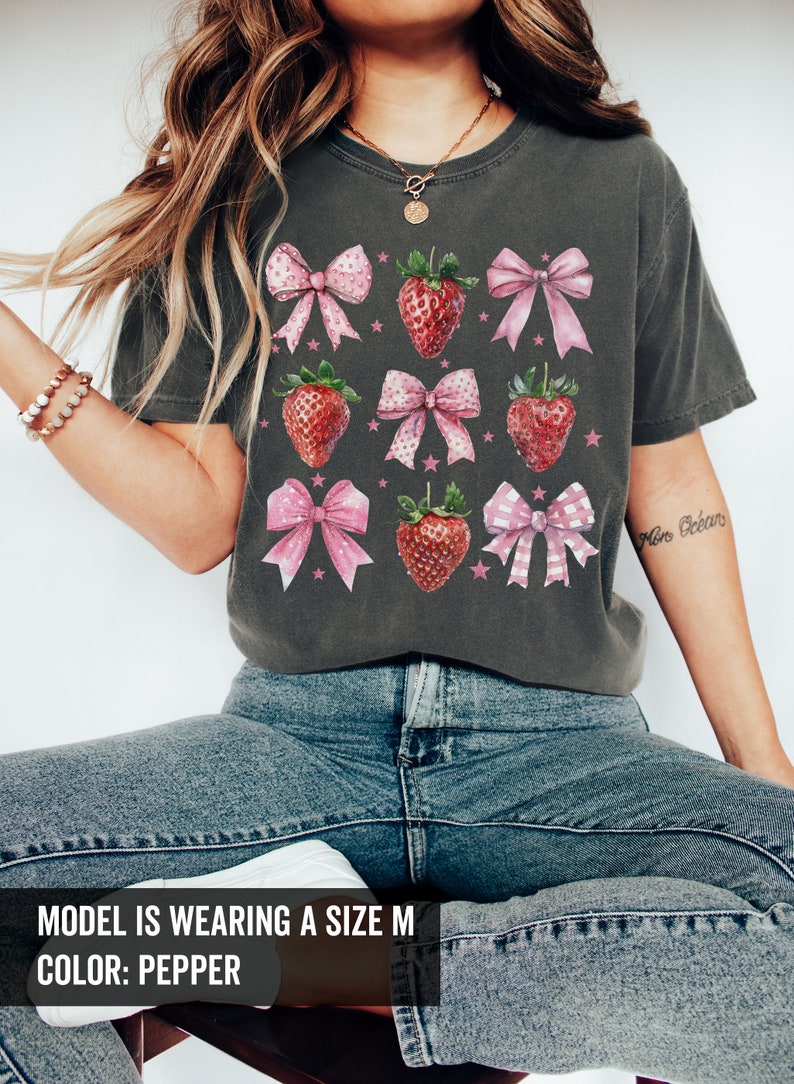 Coquette Strawberry Shirt Coquette Clothes Preppy Stuff Coquette Clothing Coquette Shirt Cottage Core Clothes Pink Bow Shirt Ribbon Shirt image 2