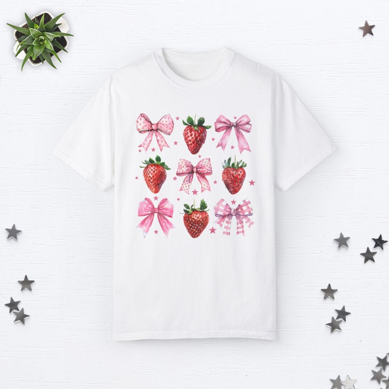 Coquette Strawberry Shirt Coquette Clothes Preppy Stuff Coquette Clothing Coquette Shirt Cottage Core Clothes Pink Bow Shirt Ribbon Shirt White