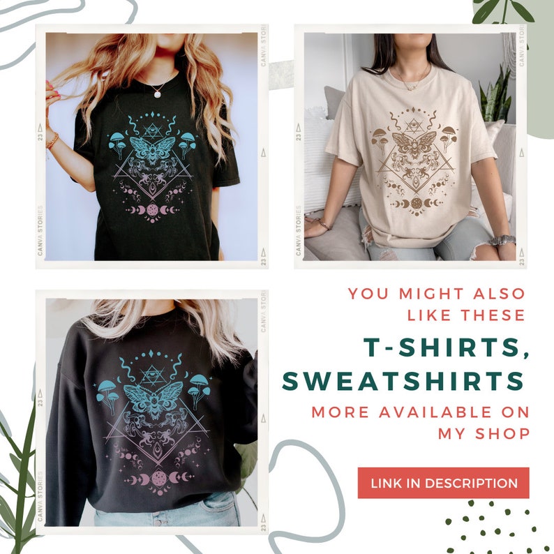 May include: Three different t-shirts featuring a graphic design of a moth with a geometric pattern, mushrooms, and moons. The shirts are black, beige, and dark blue.