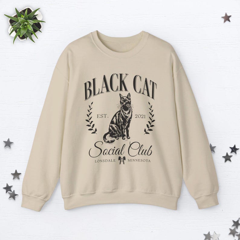 Custom Black Cat Sweatshirt Black Cat Sweater Old Money Aesthetic Clothes Social Club Sweatshirt Halloween Black Cat Gifts Cat Lover Gifts Sand
