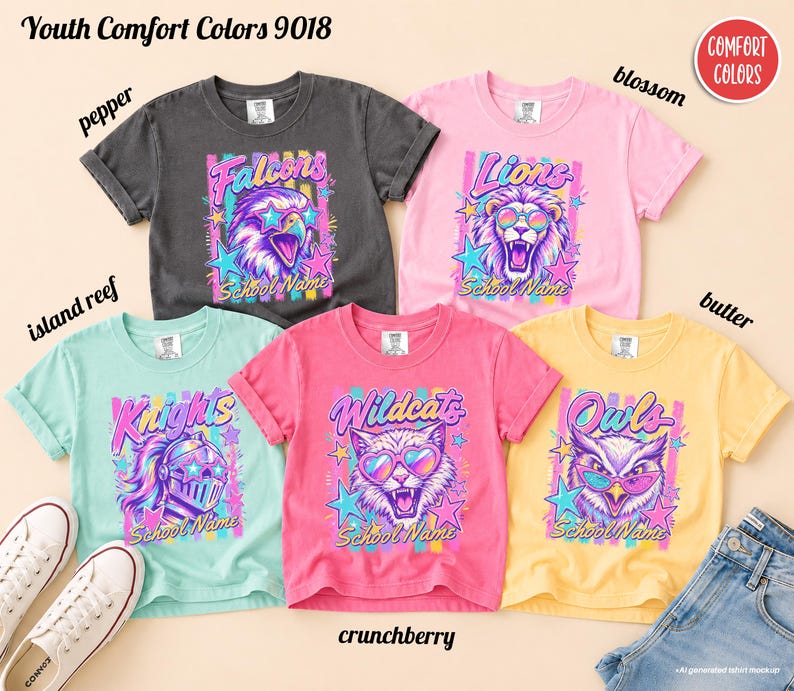 May include: Five short-sleeve t-shirts in pepper, blossom, island reef, crunchberry, and butter colors. Each shirt features a graphic of an animal or knight wearing star or heart-shaped sunglasses, with text reading Falcons, Lions, Knights, Wildcats, or Owls.