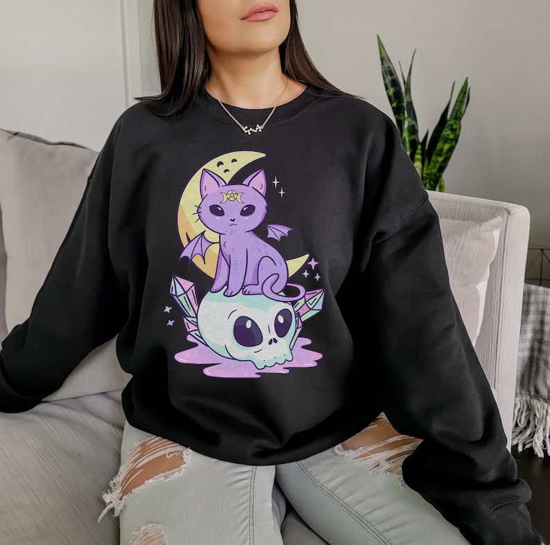 Kawaii Pastel Goth Sweater Soft Goth Mall Goth Clothing Pastel Goth Hoodie Witchy Clothes Kawaii Sweater Gothic Clothes Cat Themed Gifts image 2