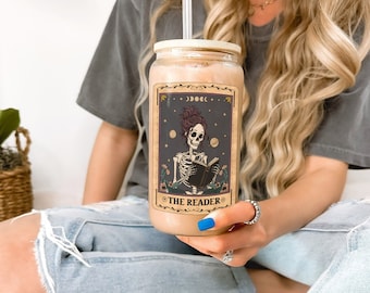 Skeleton Coffee Cups Tarot Card Mug Spooky Glass Cup Bookish Cup Cute Iced Coffee Glass Tumbler Book Lover Gift Bookish Things Booktok Merch