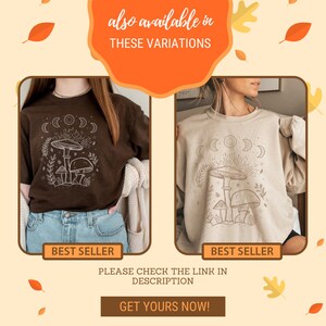 K&ouml;nnte beinhalten: Zwei Sweatshirts in verschiedenen Farben mit einem Pilz- und Mondmotiv. Auf beiden Sweatshirts steht der Text "BEST SELLER". Der Text "also available in THESE VARIATIONS" befindet sich oben im Bild. Der Text "PLEASE CHECK THE LINK IN DESCRIPTION" befindet sich unter den Sweatshirts. Der Text "GET YOURS NOW!" befindet sich unten im Bild.