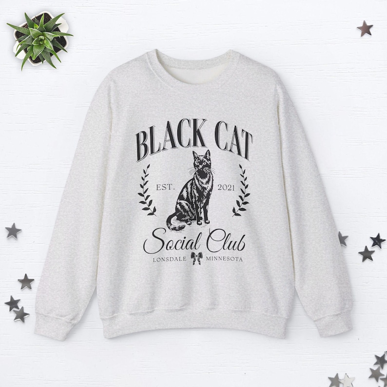 Custom Black Cat Sweatshirt Black Cat Sweater Old Money Aesthetic Clothes Social Club Sweatshirt Halloween Black Cat Gifts Cat Lover Gifts Ash