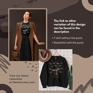 May include: Black sweatshirt with a mushroom and moths graphic. The text on the sweatshirt reads "We must not be afraid of the future when love is our anchor".