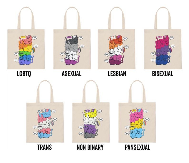 K&ouml;nnte beinhalten: Sieben beige Tragetaschen, jede mit einer Grafik eines vertikalen Stapels aus f&uuml;nf Cartoon-Katzen. Die Katzen sind in verschiedenen Pride-Flaggen-Mustern gef&auml;rbt und halten kleine Flaggen sowie Sprechblasen mit dem Text meow, this und that.