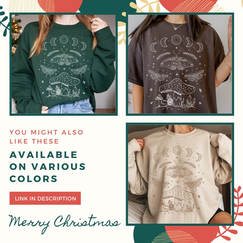 May include: Three sweatshirts with a white graphic design of a mushroom, moth, and crescent moons. The sweatshirts are green, brown, and beige.