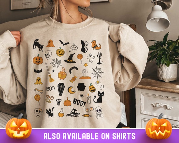 Halloween Doodles Sweatshirt Plus Size Halloween Crewneck Halloween Cat Shirt Spooky Season Shirt Fall Apparel Women Halloween Sweatshirt