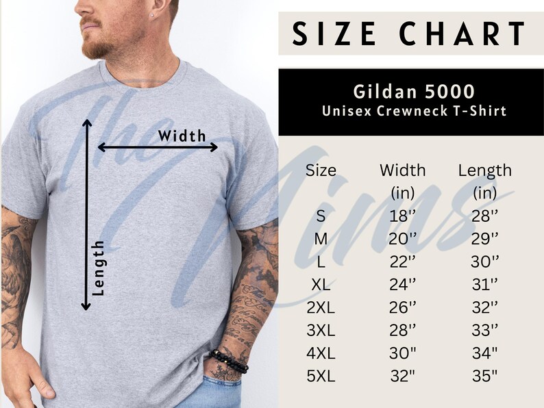 May include: A light gray Gildan 5000 unisex crewneck t-shirt. The image includes a size chart with measurements in inches for sizes S through 5XL. The chart shows the width and length of the shirts.