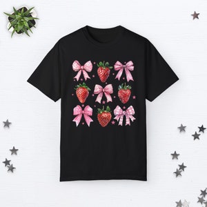 Coquette Strawberry Shirt Coquette Clothes Preppy Stuff Coquette Clothing Coquette Shirt Cottage Core Clothes Pink Bow Shirt Ribbon Shirt Black