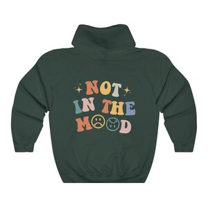 Pu&ograve; includere: Una felpa con cappuccio verde scuro con il testo "NOT IN THE MOOD" in colori arcobaleno con emoji di facce tristi.