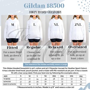May include: A Gildan 18500 unisex hooded sweatshirt size chart. The chart shows how the sweatshirt fits: fitted, regular, relaxed, and oversized. Measurements are in inches. The model is 5'8" and wears a size 10.