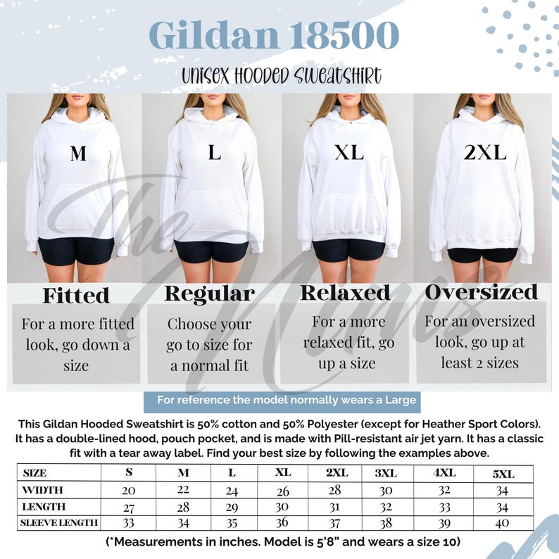 May include: A Gildan 18500 unisex hooded sweatshirt size chart. The chart shows how the sweatshirt fits: fitted, regular, relaxed, and oversized. Measurements are in inches. The model is 5'8" and wears a size 10.