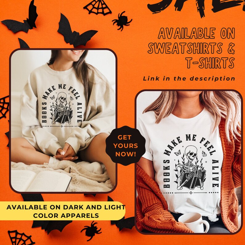 Pu&ograve; includere: Due t-shirt con un design grafico in bianco e nero di uno scheletro che legge un libro con il testo "Books Make Me Feel Alive". Le t-shirt sono disponibili in colori chiari e scuri.