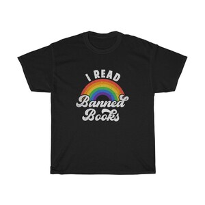 May include: Black t-shirt with a rainbow and the text "I Read Banned Books" in white.