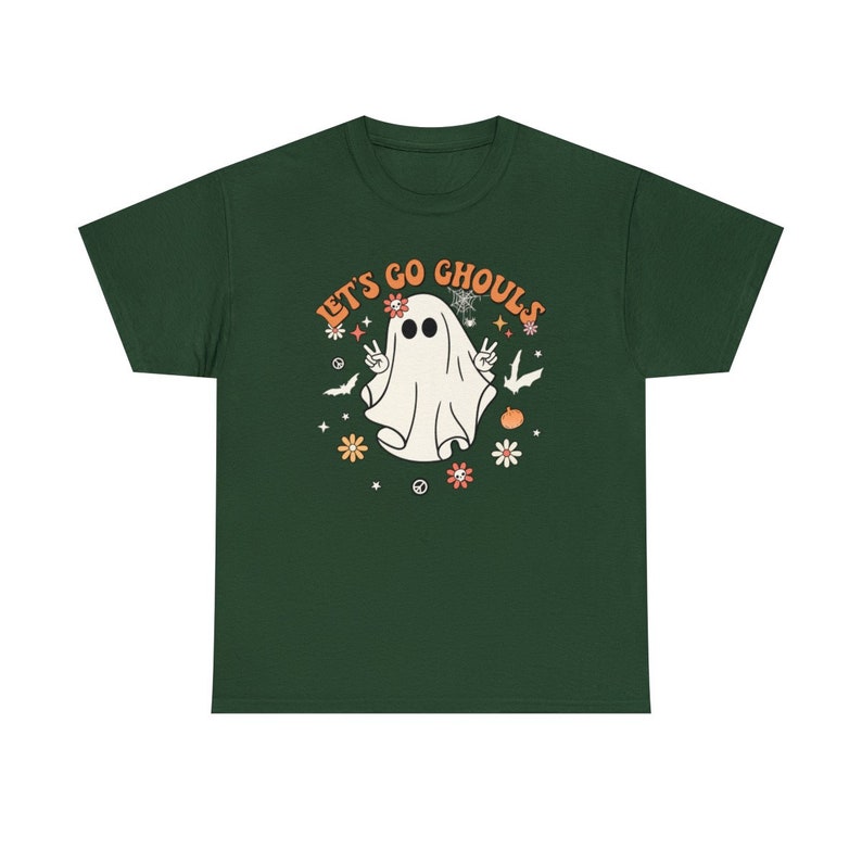 May include: A dark green t-shirt with a white ghost wearing a flower crown and peace signs. The text "Let's Go Ghouls" is in orange and yellow letters.