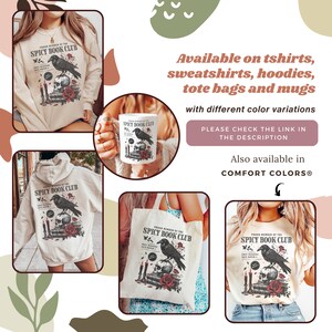 Puede incluir: Un conjunto de ropa y accesorios con un dise&ntilde;o gr&aacute;fico de un cuervo, una calavera, velas y rosas con el texto "Proud Member of the Spicy Book Club". El dise&ntilde;o est&aacute; impreso en una camiseta blanca, una bolsa de tela blanca, una taza blanca y una sudadera con capucha blanca.