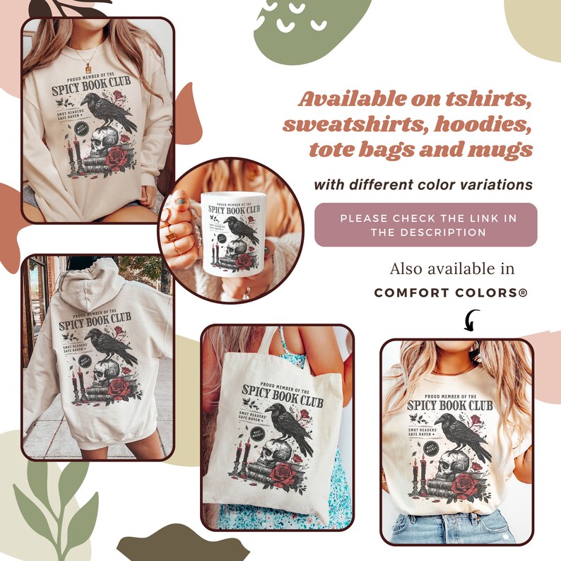 Puede incluir: Un conjunto de ropa y accesorios con un dise&ntilde;o gr&aacute;fico de un cuervo, una calavera, velas y rosas con el texto "Proud Member of the Spicy Book Club". El dise&ntilde;o est&aacute; impreso en una camiseta blanca, una bolsa de tela blanca, una taza blanca y una sudadera con capucha blanca.