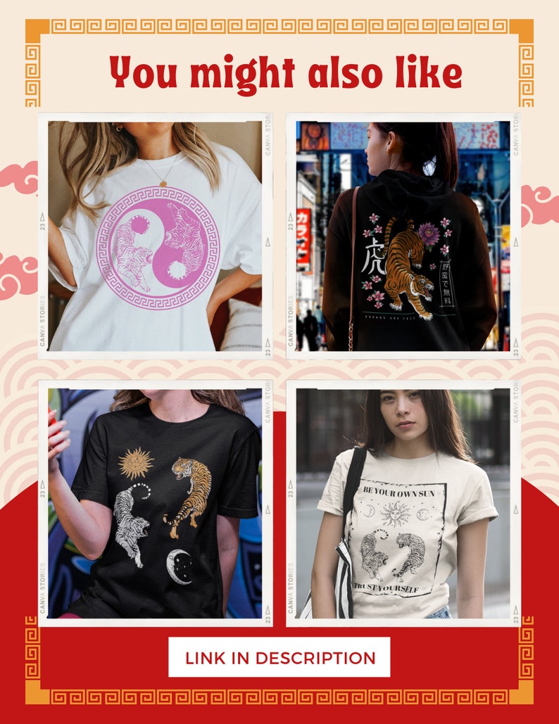Op de afbeelding: Promotieafbeelding met vier t-shirts en een hoodie met tijger- en hemelse ontwerpen. De shirts zijn wit, zwart en cr&egrave;mekleurig. De tekst "You might also like" en "LINK IN DESCRIPTION" zijn ook zichtbaar.