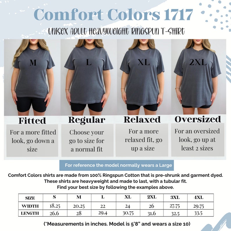 K&ouml;nnte beinhalten: Gr&ouml;&szlig;entabelle f&uuml;r ein Unisex-Heavyweight-Ringspun-T-Shirt von Comfort Colors. Die Tabelle zeigt die verschiedenen Gr&ouml;&szlig;en und ihre entsprechenden Ma&szlig;e in Zoll. Das Model ist 1,73 m gro&szlig; und tr&auml;gt Gr&ouml;&szlig;e 10.