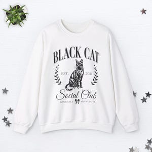 Custom Black Cat Sweatshirt Black Cat Sweater Old Money Aesthetic Clothes Social Club Sweatshirt Halloween Black Cat Gifts Cat Lover Gifts White