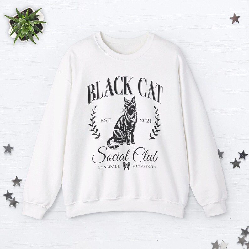 Custom Black Cat Sweatshirt Black Cat Sweater Old Money Aesthetic Clothes Social Club Sweatshirt Halloween Black Cat Gifts Cat Lover Gifts White