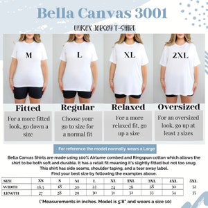 May include: A size chart for Bella Canvas 3001 unisex jersey t-shirts. The chart shows the different sizes available, from XS to 5XL, and the corresponding width and length measurements in inches. The chart also includes information about the fit of the shirts, such as fitted, regular, relaxed, and oversized.