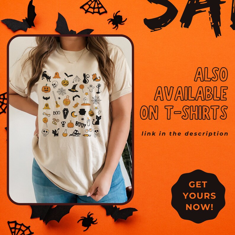 May include: A white t-shirt with a black and orange Halloween-themed design featuring various icons such as pumpkins, ghosts, bats, and skulls. The text "BOO!" is visible on the shirt. The shirt is being worn by a person. The text "ALSO AVAILABLE ON T-SHIRTS link in the description GET YOURS NOW!" is visible in the image.