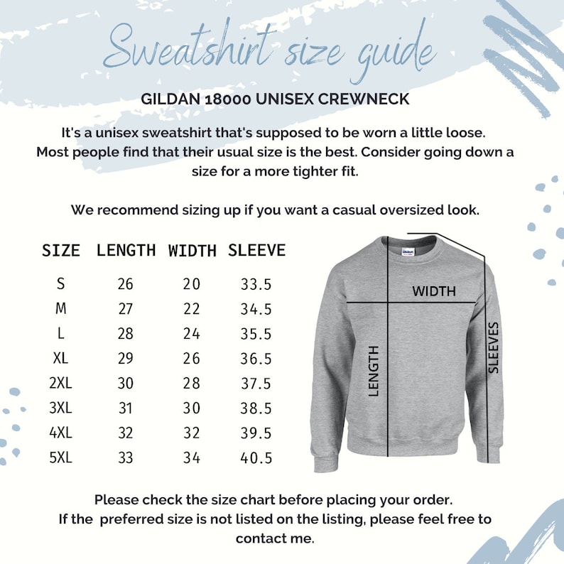 Op de afbeelding: Een maattabel voor een unisex Gildan 18000 crewneck sweatshirt. De tabel toont de lengte-, breedte- en mouwlengte in inches voor maten S tot en met 5XL. Het wordt aanbevolen om een maat groter te nemen voor een casual oversized look.