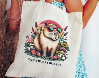 Retro Capybara Tote Bag Aesthetic Funny Capybara Gift Wildflower Tote Bag Cottagecore Bag Cottagecore Tote Bag Cool Tote Bag Animal Tote Bag