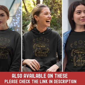 May include: Three models wearing black shirts with a gold mushroom and moon graphic. The text "Shroom Queens" is printed on the shirt.