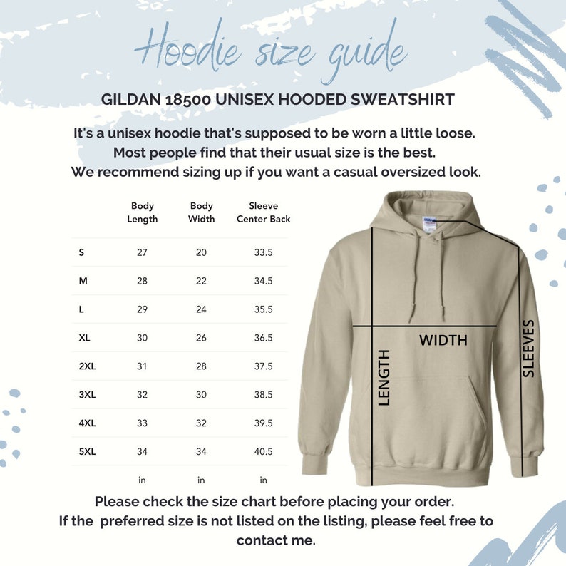 May include: Size chart for a unisex hooded sweatshirt, showing measurements in inches for body length, width, and sleeve center back. The chart includes sizes S through 5XL.