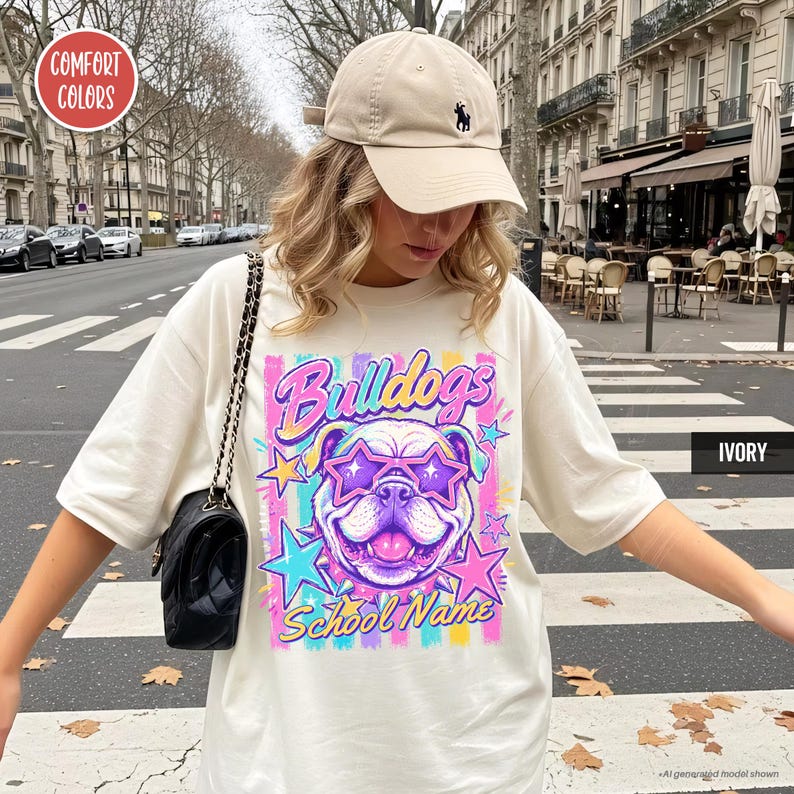 May include: An ivory t-shirt featuring a graphic of a bulldog wearing star-shaped sunglasses, surrounded by colorful stars and vertical stripes. The text reads "Bulldogs" and "School Name". The shirt is paired with a beige baseball cap and a black bag.