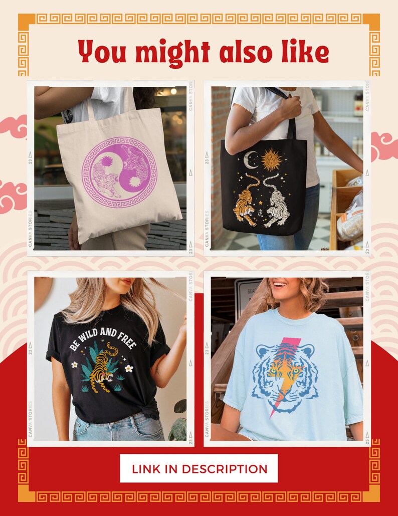 May include: Four different designs featuring a tiger motif. The first design is a white tote bag with a pink and purple yin yang symbol with a tiger inside. The second design is a black tote bag with a white tiger and a white moon and sun. The third design is a black t-shirt with a tiger and the text "Be Wild and Free". The fourth design is a light blue t-shirt with a white tiger and a lightning bolt.