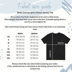 以下が含まれることがあります： Bella Canvas 3001 ユニセックスジャージーTシャツのTシャツサイズガイド。表は、XSから4XLまでのサイズについて、幅と長さをインチとセンチメートルで示しています。フロント/サイドの結び目やオーバーサイズなルックにする場合は、ワンサイズアップすることをお勧めします。