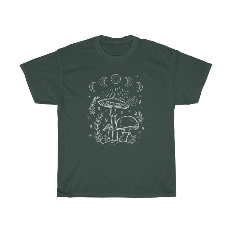 May include: A dark green t-shirt featuring a white outline of mushrooms and a crescent moon design.