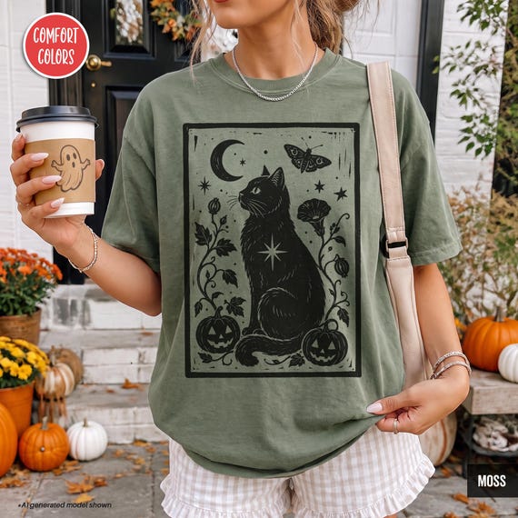 Halloween Black Cat Shirt Halloween Linocut Shirt Mystical Tee Cat Mom Shirt Goth Clothes Cat Lover Gift Womensclothing Spooky Season Shirt