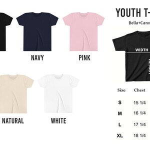 May include: Youth t-shirts in black, navy, pink, natural, and white. The size chart shows chest and length measurements in inches. Sizes include S, M, L, and XL.