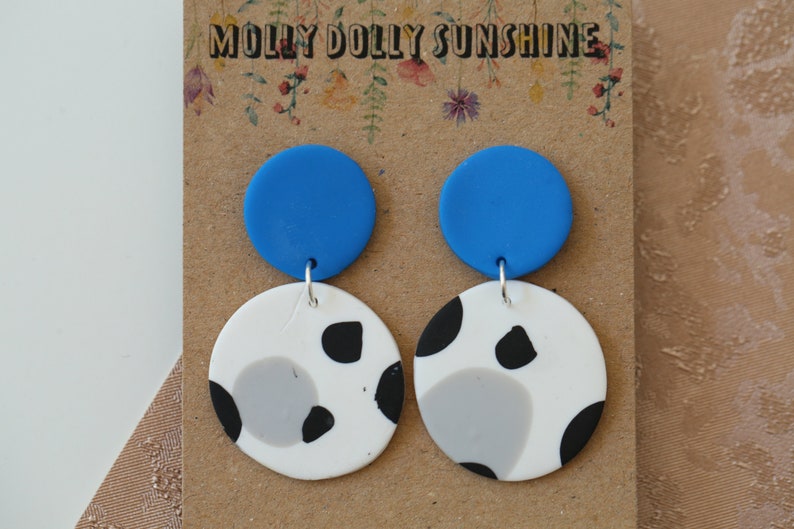 Electric BlueDalmatian Spot Monochrome STATEMENT one of a kind Polymer Clay circle dangle earrings